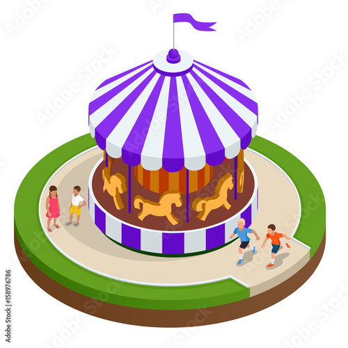 Isometric Childrens carousel with horses isolated. Vector illustration. Colorful children s carousel.