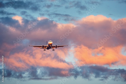 Traveling by airplane. Landing at the colorful sunset.  © Chalabala