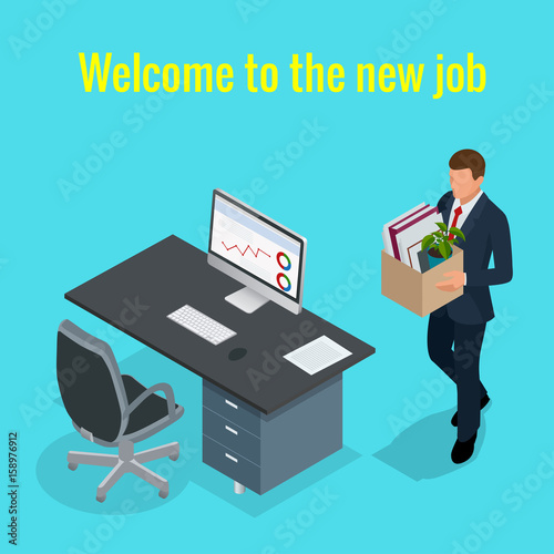 New Job concept. People Isometric vector 3D office workers and subordinates isolated. Man going to the new job with box. Welcome to the new job business concept.