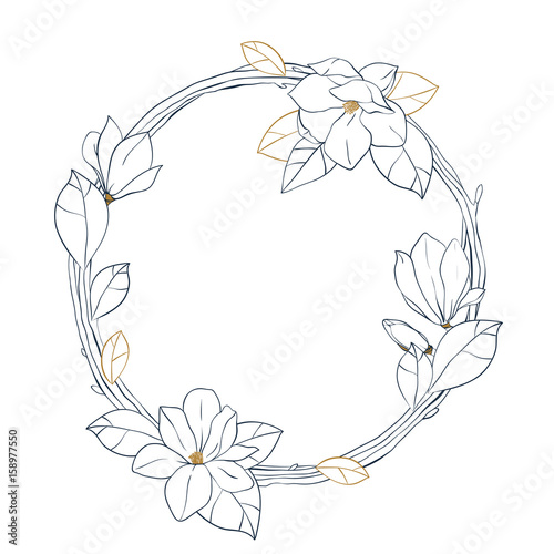 Graphic magnolia wreath.Vector floral design isolated on white background. Coloring book page design for adults and kids.