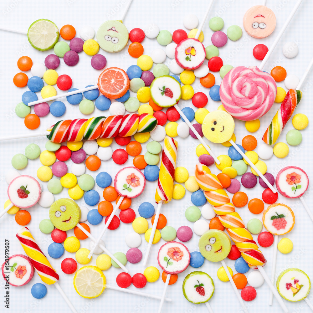 lollipops, candy, top view flat lay on white background lollipops, candy, top view flat lay on white background