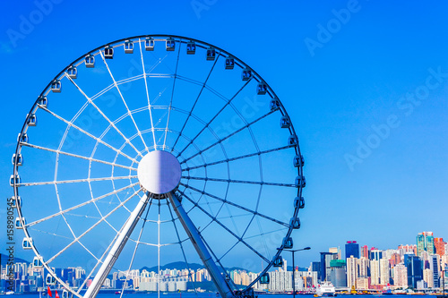 The Hong Kong observation  ferris  wheel on the Central overlooking Victoria harbour with blue sky as a background and copy space
