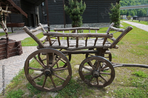 Wooden horse cart on green field in garden