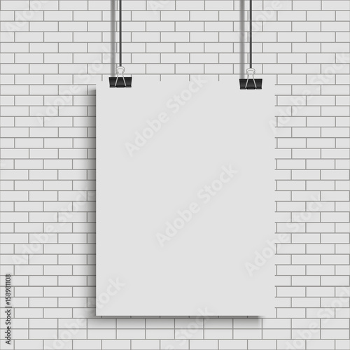 White poster hanging on binder. Transparent background with mock up empty paper blank. Vector  