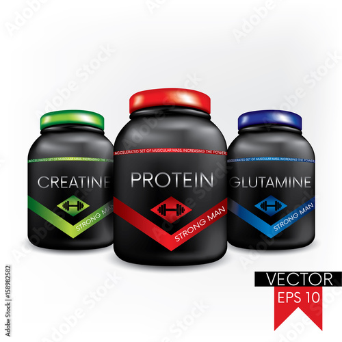 The concept of packaging, cans and labels of sports nutritional supplements. Vector illustration. Sport beauty and health. Body-building. Creatine, protein and glutamine.