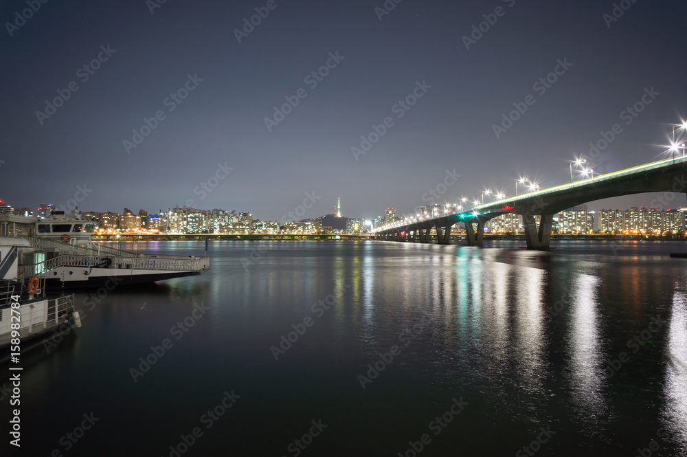 Seoul City at Night and Han River, Yeouido, South Korea
