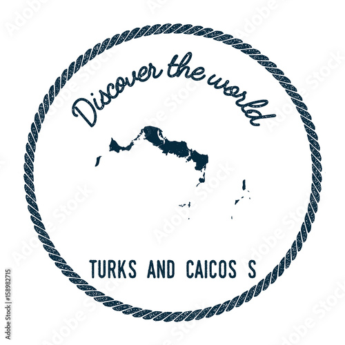 Turks and Caicos Islands map in vintage discover the world insignia. Hipster style nautical postage stamp, with round rope border. Vector illustration.