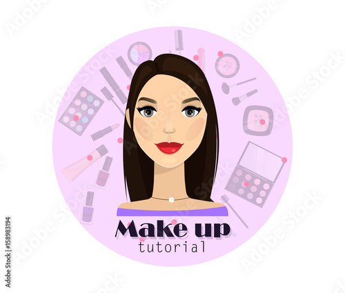 Make up tutorial. Woman. Vector. Beautiful woman. For web, banner, design element.
