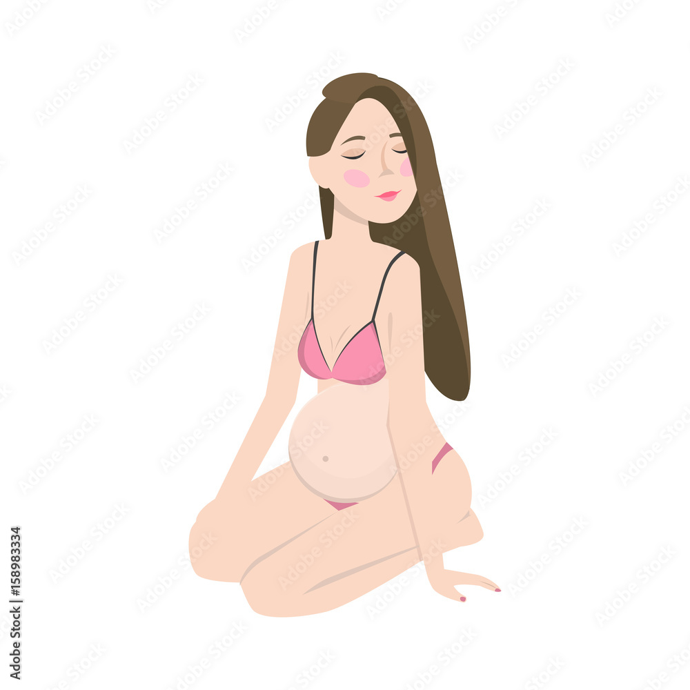 Pregnant young woman. Vector illustration. Cute girl waiting for baby. Whitebackground with moon.