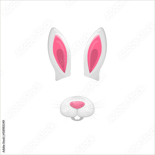 Rabbit face elements. Vector illustration. Animal character ears and nose. Video chart filter effect for selfie photo decoration. Cartoon white hare mask. Isolated on white. Easy to edit.
