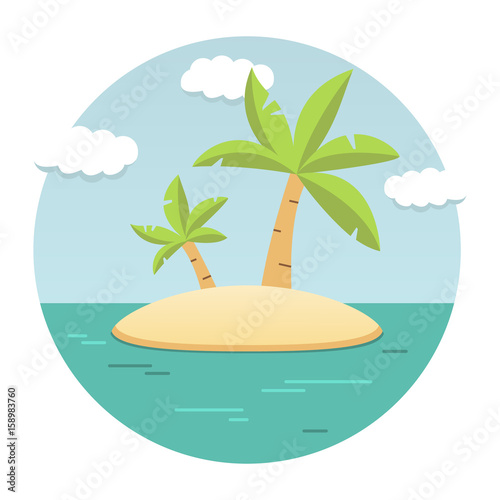 Summer landscape of the tropical island in the ocean with palm trees flat