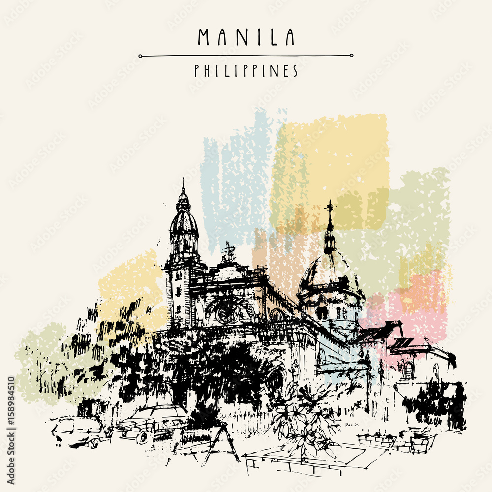 Obraz premium The Manila Cathedral. Intramuros, Manila, The Philippines, Asia. Hand drawn vintage postcard or poster