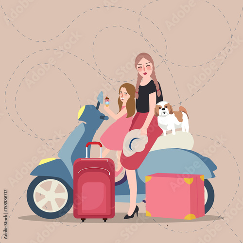 girls mom and kids riding scooter bring bag tourist
