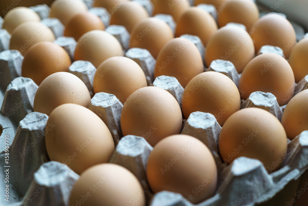 Raw chicken eggs in egg box Raw chicken eggs in egg box