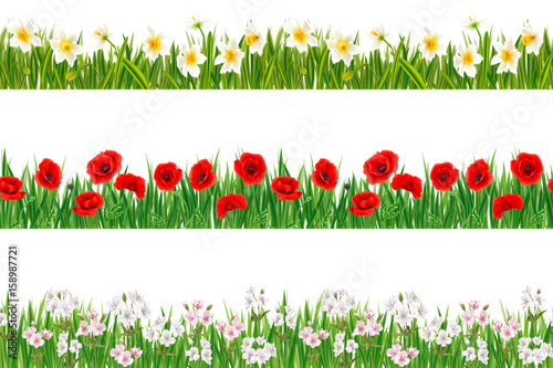 Three horizontal seamless patterns with grass and flowers