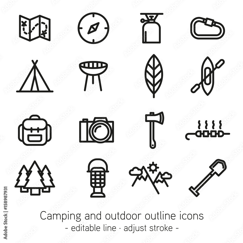 Fototapeta premium Camping and outdoor outline icons - editable line - adjust stroke -