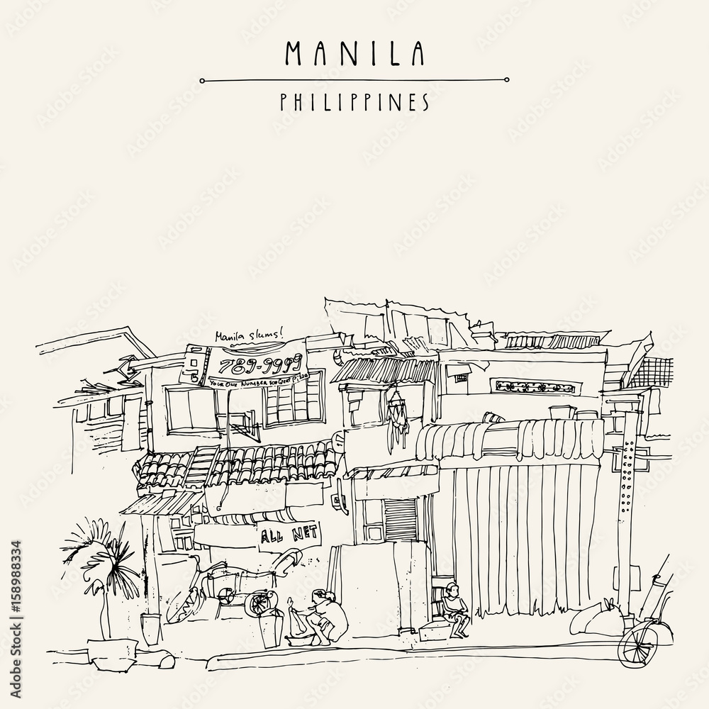 Slums in the old part of Manila, Philippines, Asia. Hand drawn vintage postcard or poster template