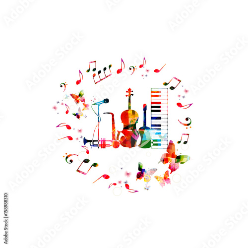 Music instruments background. Colorful violoncello, guitar, piano, saxophone, trumpet and microphone with music notes isolated vector illustration