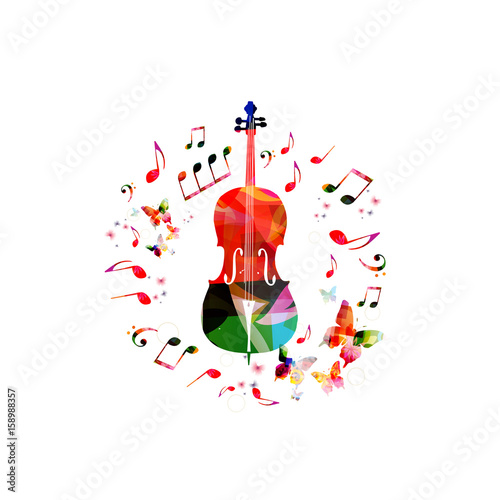 Music instrument background. Colorful violoncello with music notes isolated vector illustration