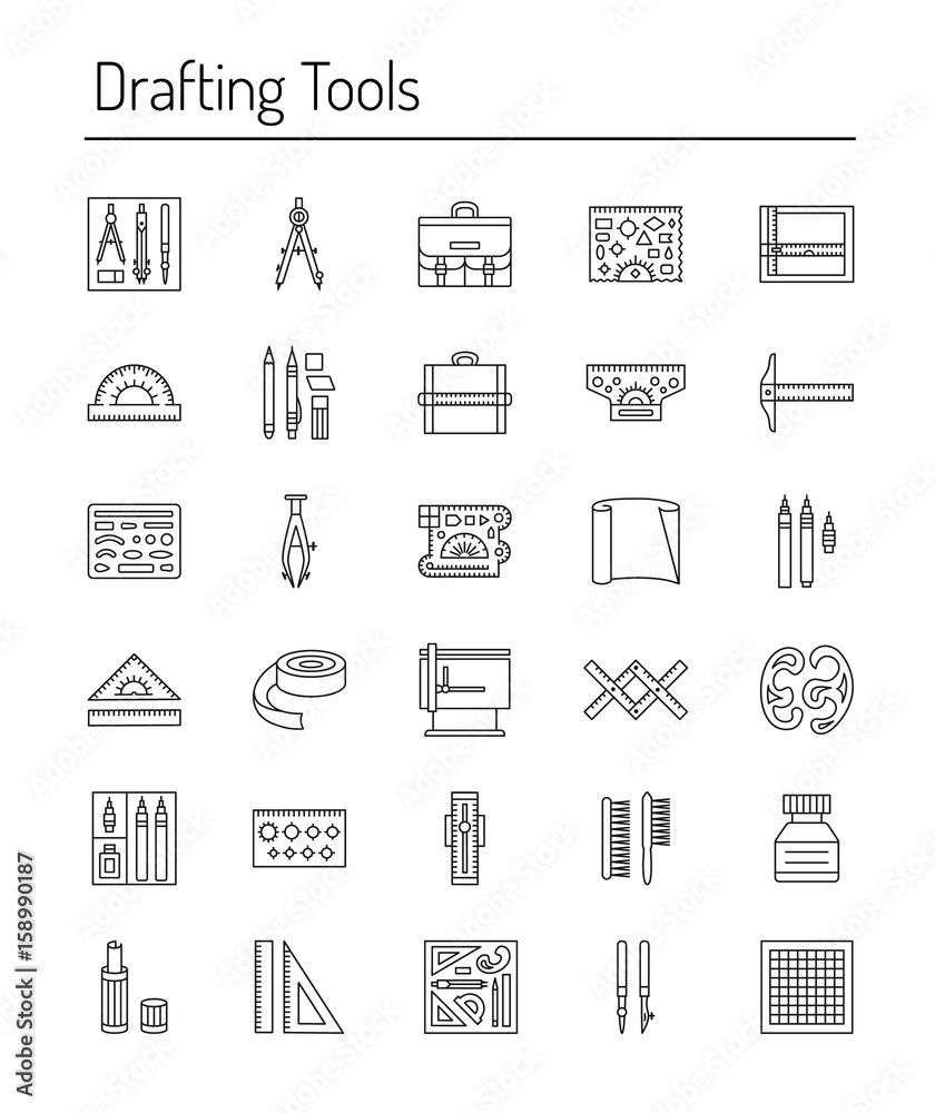 Drafting tools icon collection. Engineering drawing. Line icons set. Drafting  kit, ruler, drawing board, protractor, tape, compass. Stock Vector | Adobe  Stock