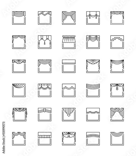 Vector line icons with valances and pelmets. Window top treatment. Lambrequins