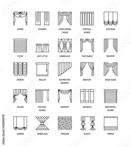 Vector line icons with drapes. Window curtains, blinds and shades.
