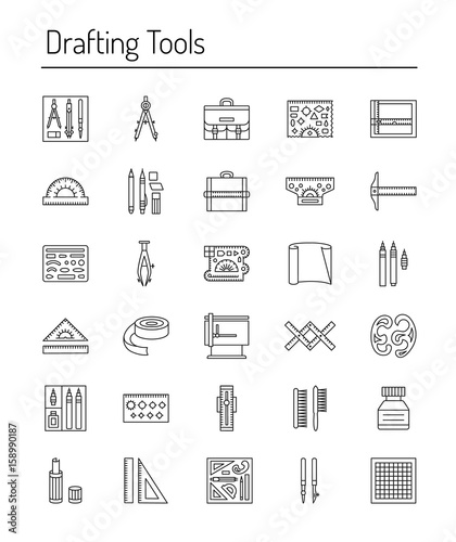 Drafting tools icon collection. Engineering drawing. Line icons set. Drafting kit, ruler, drawing board, protractor, tape, compass.