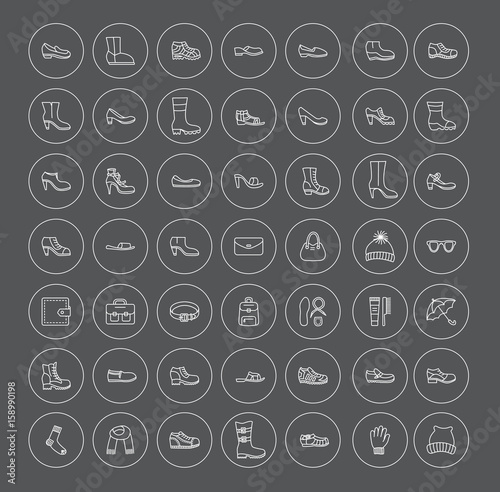 Men's and women's shoes & accessories. Vector line icon collection. Shoe care products. Boots, heels, sandals, flats, slippers. Summer, winter, autumn shoes.