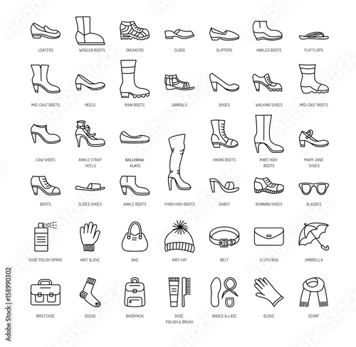 Women's shoes & accessories. Vector line icon collection. Shoe care products. Boots, heels, sandals, flats, slippers