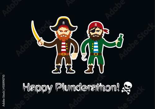 Plunderathon invitation card vector. Cartoon characters of pirates. Vector illustration of pirates on a black background. Important day