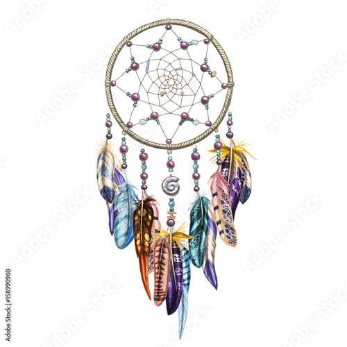 Hand drawn ornate Dreamcatcher with feathers, gemstones. Astrology, spirituality, magic symbol. Ethnic tribal element.
