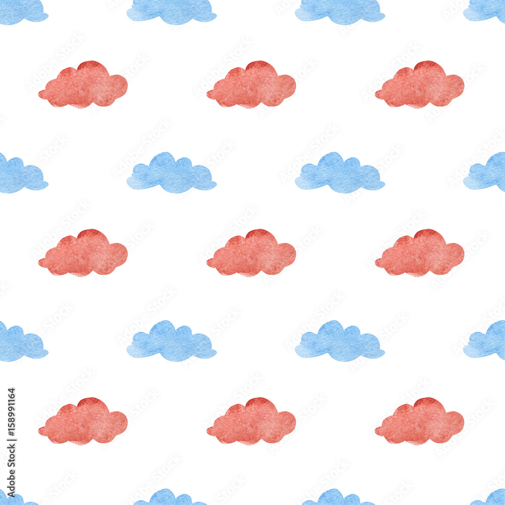 Watercolor illustrations of Clouds. Cute seamless pattern.