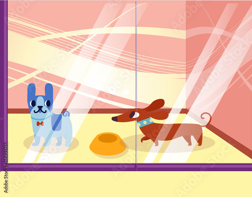  Illustration of a petshop with dogs. Lovely cartoon animals in the showcase. vector illustration
