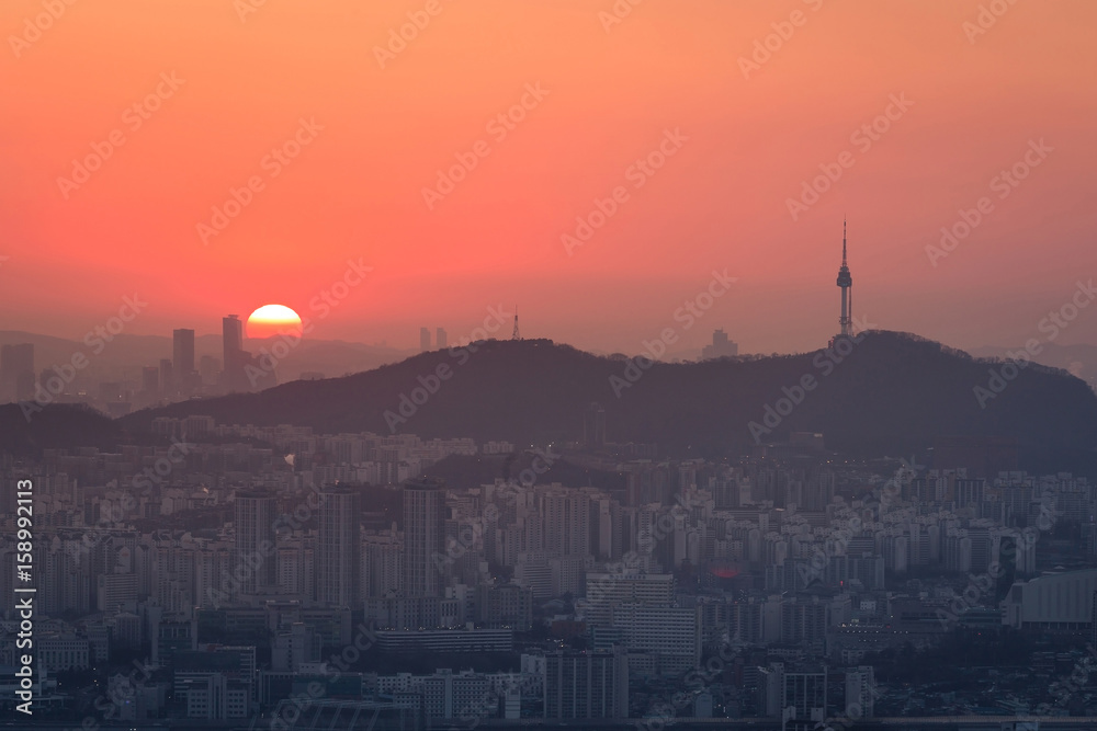 Seoul City and skyline with skyscrapers in Sunset, Aerial view of Yongma Mountain or Yongmasan