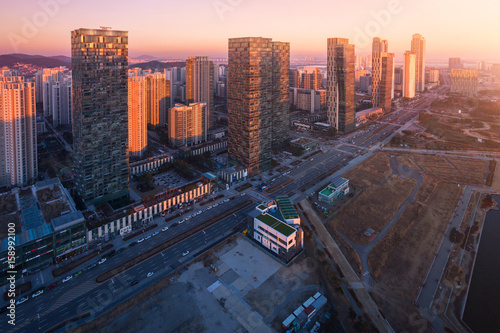 Korea city in sunset, Songdo District or songdo-dong, Incheon South Korea. photo