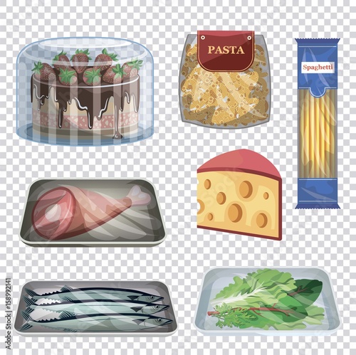 Foodstuffs in packing. set of colored vector illustrations