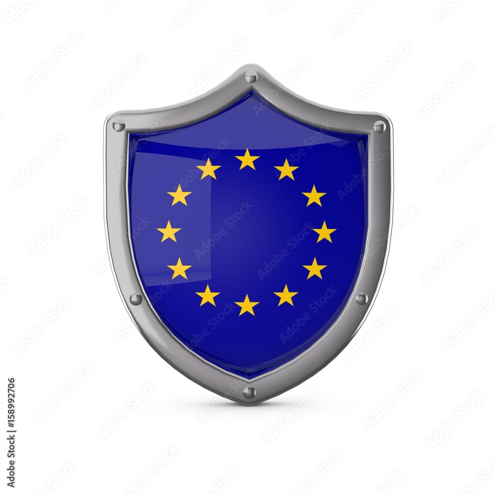 European Union security concept. Metal shield shape with national flag European Union security concept. Metal shield shape with national flag