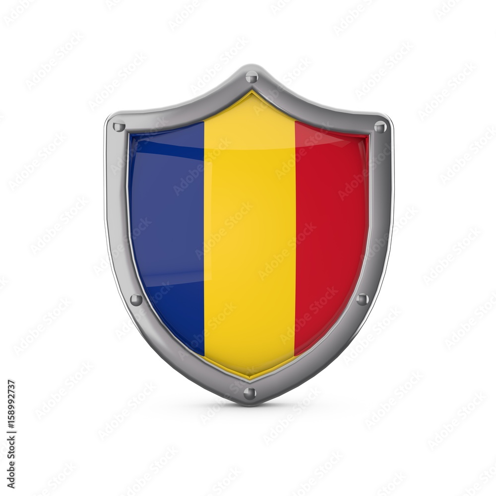 Fototapeta premium Romania security concept. Metal shield shape with national flag
