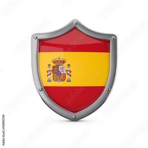 Free Download Spain security concept. Metal shield shape with national flag - GFXLoad