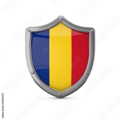 Free Download Romania security concept. Metal shield shape with national flag - GFXLoad