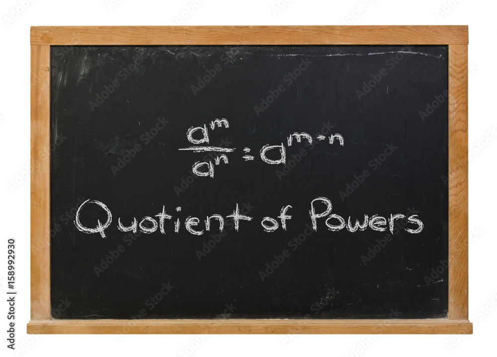 Obraz premium Quotient of Powers formula written in white chalk on a black chalkboard isolated on white