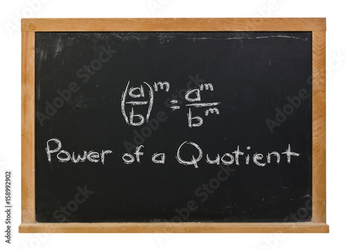 Power of a quotient written in white chalk on a black chalkboard isolated on white