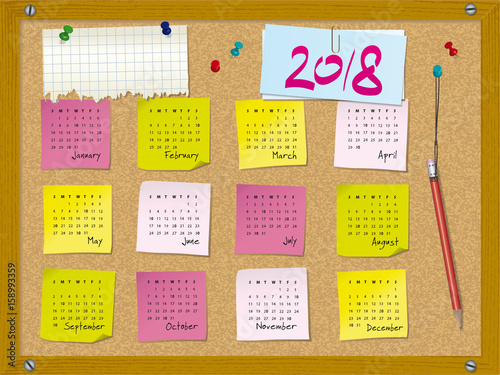 2018 calendar - week starts on Sunday - cork board with notes and pushpins