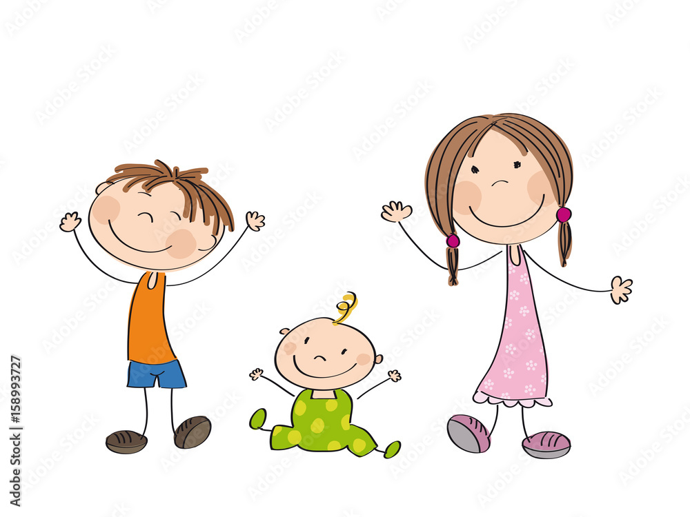 Happy kids - original hand drawn illustration of three happy children - boy, girl and little baby Happy kids - original hand drawn illustration of three happy children - boy, girl and little baby