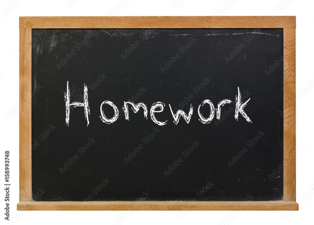 Homework written in white chalk on a black chalkboard isolated on white
Homework written in white chalk on a black chalkboard isolated on white