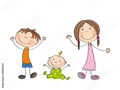 Happy kids - original hand drawn illustration of three happy children - boy, girl and little baby
