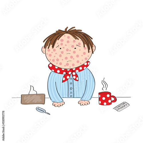 Sick boy with chickenpox, measles, rubeola or skin rash standing behind the table with hot tea, medicine, thermometer and paper handkerchief - original hand drawn illustration