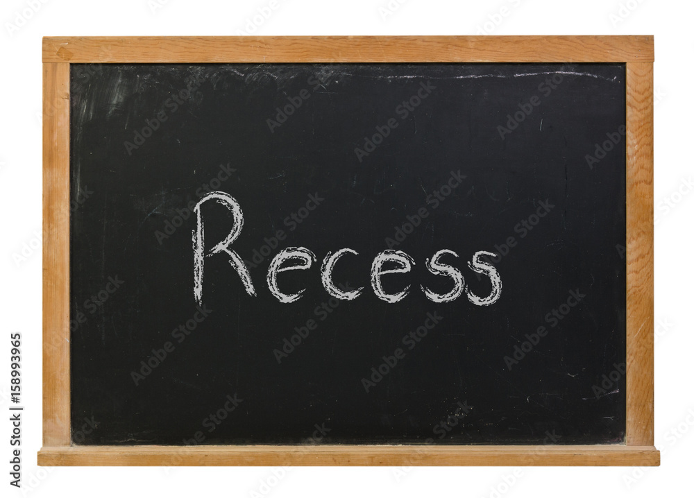 Recess written in white chalk on a black chalkboard isolated on white
Recess written in white chalk on a black chalkboard isolated on white
