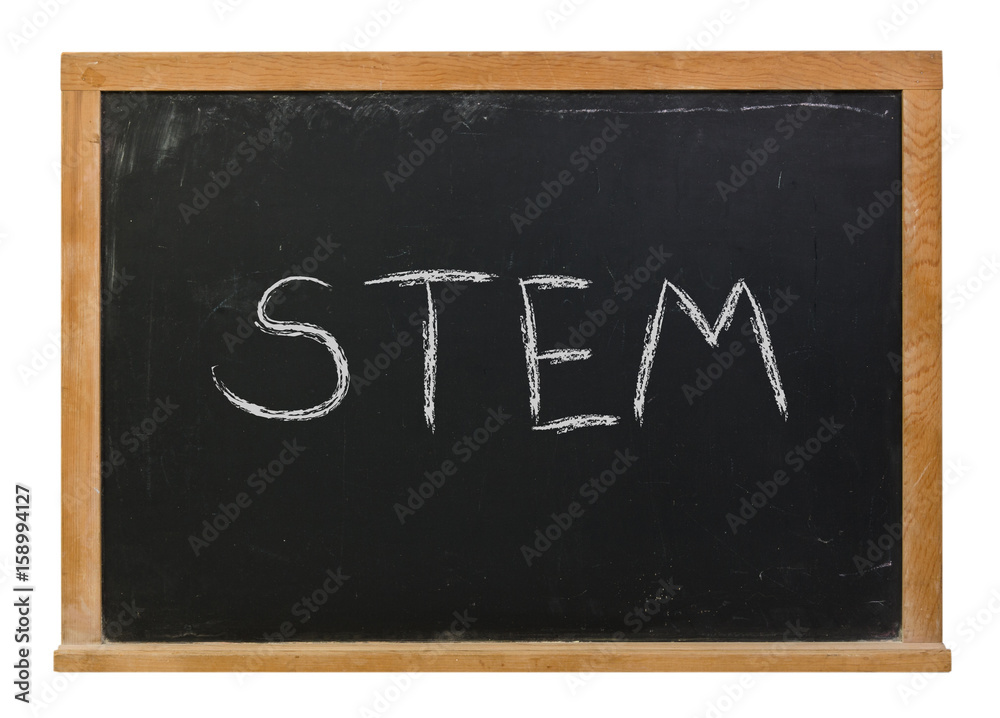 STEM written in white chalk on a black chalkboard isolated on white STEM written in white chalk on a black chalkboard isolated on white
