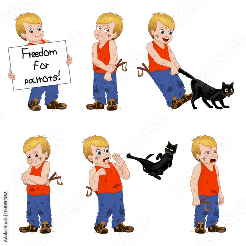 Vector Illustration little hellion boy set emotions. Boy has untidy appearance and holding in his hand a slingshot